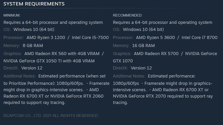 Resident Evil Village rendszerkövetelmények. (Kép forrása: Steam)