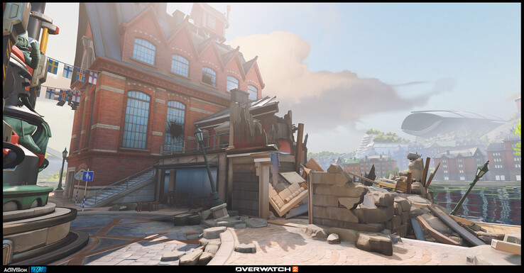 Az Overwatch 2 törmelékkel borított utcái és részben lerombolt belső terei kiemelik a játék konfliktusokkal tarkított, történeti küldetések környezeti történetmesélését.