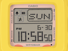 A Casio Baby-G BGD-10KPM-7 közel négyzet alakú digitális számlappal rendelkezik, amelyen egész sok információ jelenik meg.