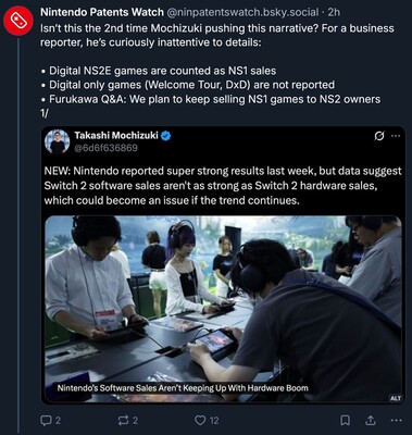 A Nintendo Patents Watch kommentálja a Switch 2 játékeladásokat (Kép forrása: screenshot, Nintendo Patents Watch Bluesky account)