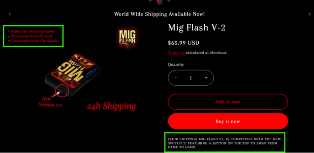 migflashunited.com azt állítja, kompatibilis a Switch 2 két különböző helyen a termék oldalán, annak ellenére, hogy más oldalak nem tesz ilyen állítást (Kép forrása: migflashunited.com)