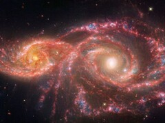 A James Webb Űrteleszkóp által készített kép, amelyen a két galaxis, az IC 2163 és az NGC 2207 összeolvadása látható. (Kép forrása: © NASA, ESA, CSA, STScI)