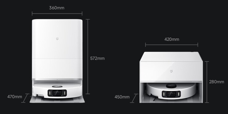 A Xiaomi Mijia Robot Vacuum Mop 5 Pro víztartályos kiadás (balra) és a vizes és lefolyós változat (jobbra) méretei. (Kép forrása: Xiaomi)