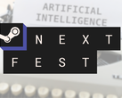 A képen - a Steam Next Fest logója egy gépíróval és a "Mesterséges intelligencia" szöveggel ellátott kép fölött a papíron.