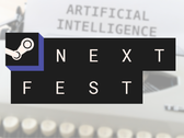 A képen - a Steam Next Fest logója egy gépíróval és a "Mesterséges intelligencia" szöveggel ellátott kép fölött a papíron.