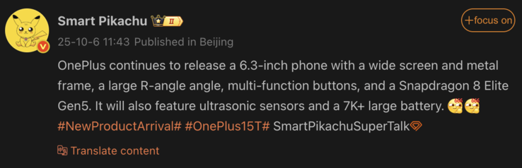 A OnePlus 15T kiszivárgott specifikációi. (Kép forrása: Weibo - gépi fordítás)