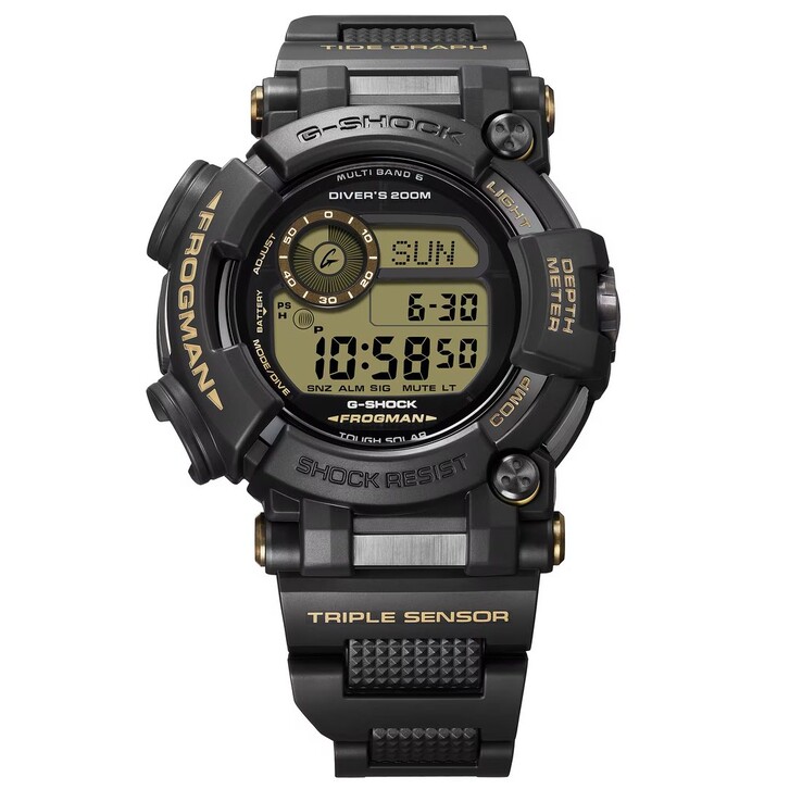Casio G-Shock Frogman GWF-D1000BC-1JF teljesen fekete tokban, barna díszítéssel és fém-gyanta kompozit szíjjal.