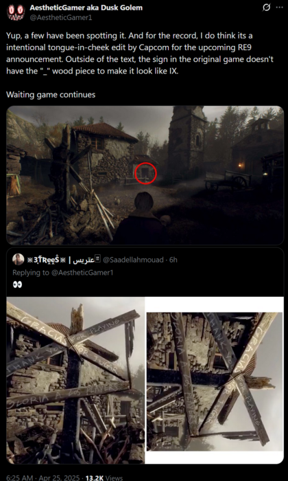 Dusk Golem Resident Evil 9 jelzőtábla kommentek az X-en (Kép forrása: AestheticGamer aka Dusk Golem X account)