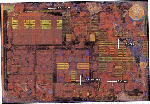 Az Intel 18A Panther Lake számítási modulja, CPU-magokkal, gyorsítótárral és memória-interfészekkel.
