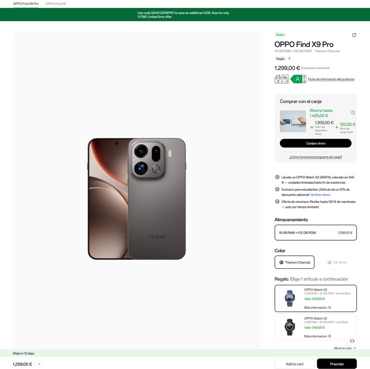 Spanyolországban a vásárlók 120 euró kedvezményt kapnak az Oppo Find X9 Pro készülékre és egy ingyenes Oppo Watch X2-t.