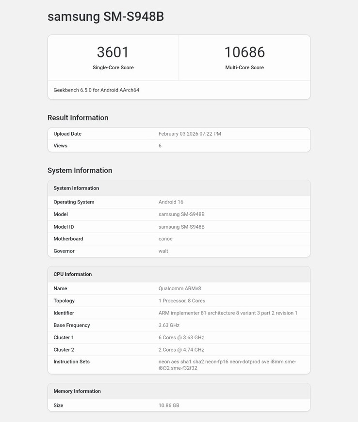 Samsung Galaxy S26 Ultra Geekbench eredmény.