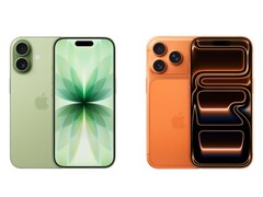 A zöld színű, két kamerával ellátott iPhone 17 és a narancssárga színű, három kamerával ellátott iPhone 17 Pro egymás melletti képe. (Kép forrása: Apple)