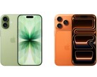 A zöld színű, két kamerával ellátott iPhone 17 és a narancssárga színű, három kamerával ellátott iPhone 17 Pro egymás melletti képe. (Kép forrása: Apple)