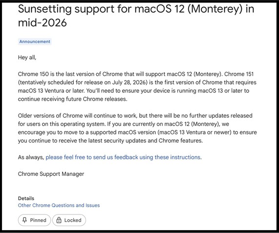 A Chrome 150 lesz a Google Chrome utolsó olyan verziója, amely támogatja a macOS Monterey-t.  (Kép forrása: Google)
