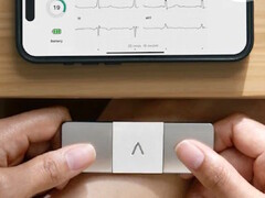 Az AliveCor KardiaMobile 6L Max mindkét kezével tartott AliveCor KardiaMobile 6L Max az EKG méréséhez. (Kép forrása: AliveCor)