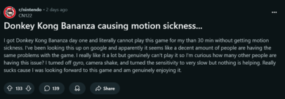 Reddit post #1 a Donkey Kong Bananza mozgásbetegségről (Kép forrása: screenshot, Nintendo subreddit)