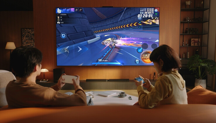 A Huawei Mate TV Pro vezeték nélkül streameli a játékmenetet okostelefonról, és a szokatlan trackpad távirányítóval vezérelhető. (Kép forrása: Huawei)