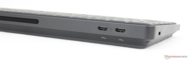 Hátul: USB-C 4.0 w/ DisplayPort 2.1 + Power Delivery (40 Gbps), USB-C 3.2 Gen. 2 w/ DisplayPort 1.4 + Power Delivery (10 Gbps)