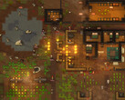 RimWorld-játékmenetet bemutató képernyőkép egy támadás alatt álló kolóniáról, tüzekkel, állatokkal és épületekkel.