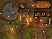 RimWorld-játékmenetet bemutató képernyőkép egy támadás alatt álló kolóniáról, tüzekkel, állatokkal és épületekkel.
