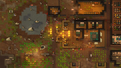 RimWorld-játékmenetet bemutató képernyőkép egy támadás alatt álló kolóniáról, tüzekkel, állatokkal és épületekkel.