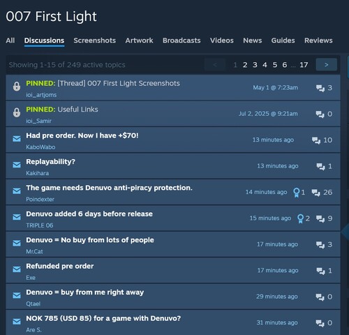 Denuvo panaszok a 007 First Light Steam fórumban