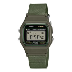 Casio F-91WF-1A digitális karóra olajzöld tokban és hozzá illő szövött szíjjal.