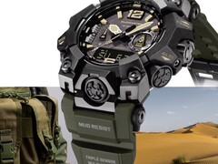 A Casio G-Shock Mudmaster GWG-B1000-1A3 közelképe, amelyen látható a fekete tok, a barna színű számlapdíszítés, az olajzöld szíj, a masszív védőburkolatok és a „Triple Sensor” felirat, katonai felszerelés és sivatagi táj előtt.
