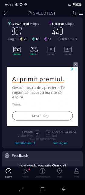 Ookla Speedtest, 2. futtatás - más szerver (Kép forrása: Pillanatkép - Sergey Tarasov - Notebookcheck)