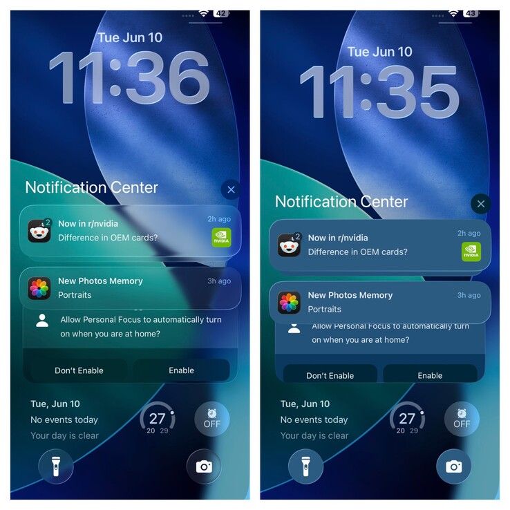 iOS 26 Lock Screen átláthatósággal és anélkül. (Kép forrása: Vaidyanathan S. on X)