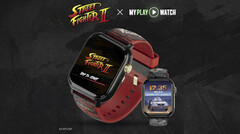 Street Fighter II: My Play Watch gameróra piros szíjjal, aranyszínű részletekkel és egy második órakijelzővel, sötét, texturált háttér előtt.