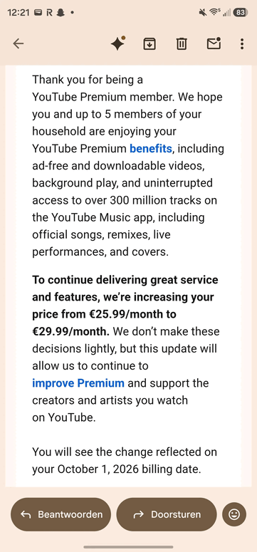 A YouTube Premium családi csomag áremeléséről szóló e-mail