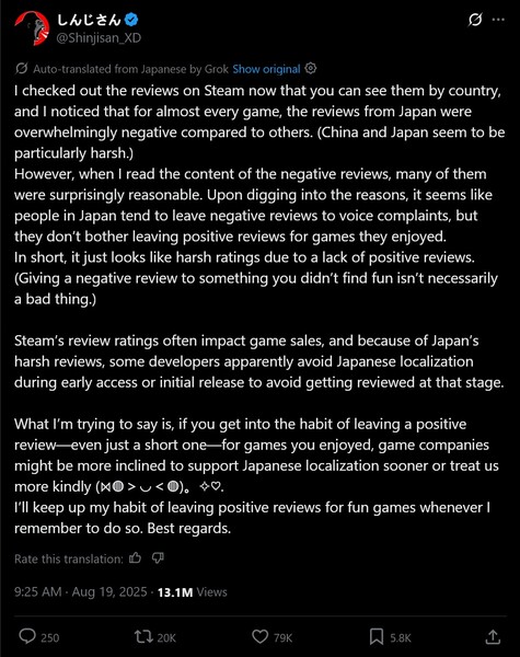 Shinjisan poszt a japán Steam játékértékelésekről (Kép forrása: screenshot, Shinjisan_XD X account)