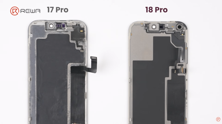 iPhone 17 Pro vs iPhone 18 Pro: a kijelzőpanel hátulja az új elrendezéssel.