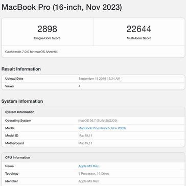 Az Apple M3 Max Geekbench 7 eredménye.