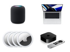 Kollázs, amelyen egy HomePod, MacBook Pro, AirTags és Apple TV Siri Remote-tal. (Kép forrása: Apple)