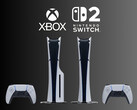 A PS5 konzolok az Xbox és a Nintendo Switch 2 logója alatt láthatóak (Kép forrása: Sony PlayStation, Microsoft Gaming, Nintendo of America szerkesztéssel)