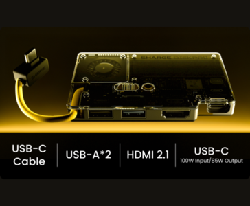 Sharge Disk Pro átlátszó hordozható SSD beépített USB-C kábellel, kettős USB-A porttal, HDMI 2.1 és USB-C 100W bemenettel és 85W kimenettel (Sharge via Kickstarter)