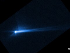 A NASA DART űrszondája által szándékos becsapódás után a Dimorpho felszínéről felrobbantott törmeléket ábrázoló kép (Kép forrása: NASA, ESA, STScI és Hubble; vágott kép)