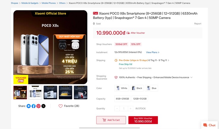 A Poco X8s adatlapja, ahogyan a Xiaomi hivatalos vietnámi Shopee-áruházában megjelent