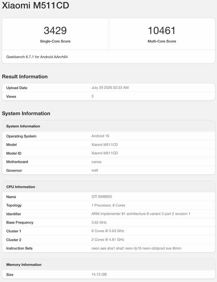 A feltételezett Redmi K100 Pro Geekbench-adatlapja.