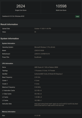 Ryzen AI 7 450 Geekbench lista (kép forrása: Geekbench)