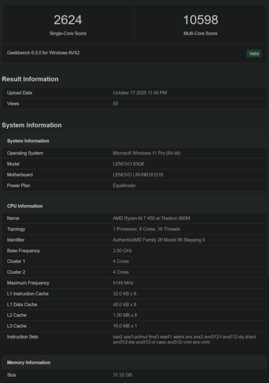 Ryzen AI 7 450 Geekbench lista (kép forrása: Geekbench)