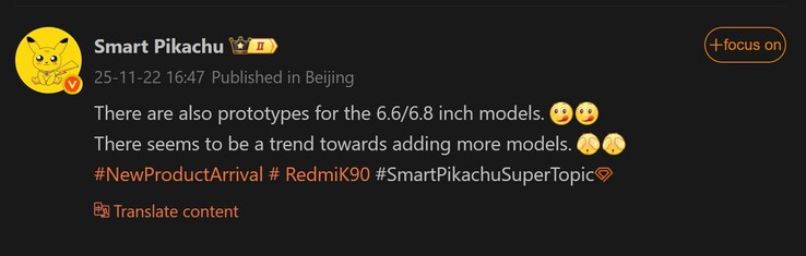 Smart Pikachu beszámol a Redmi K90 Pro képernyőméretéről (Kép forrása: Weibo - gépi fordítás)