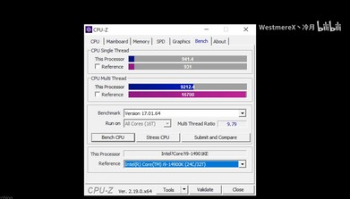 A 14901KE teljesítményét a CPU-Z segítségével mérték