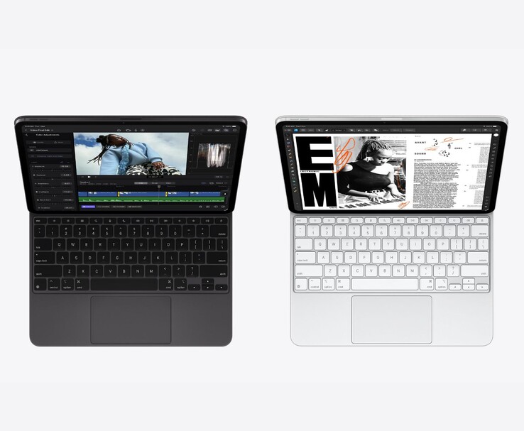 Apple iPad Pro M5 modellek űrfekete és ezüst színben, Magic Keyboarddal, videoszerkesztő és dokumentum alkalmazások az Ultra Retina XDR OLED kijelzőn (Kép forrása: Apple)
