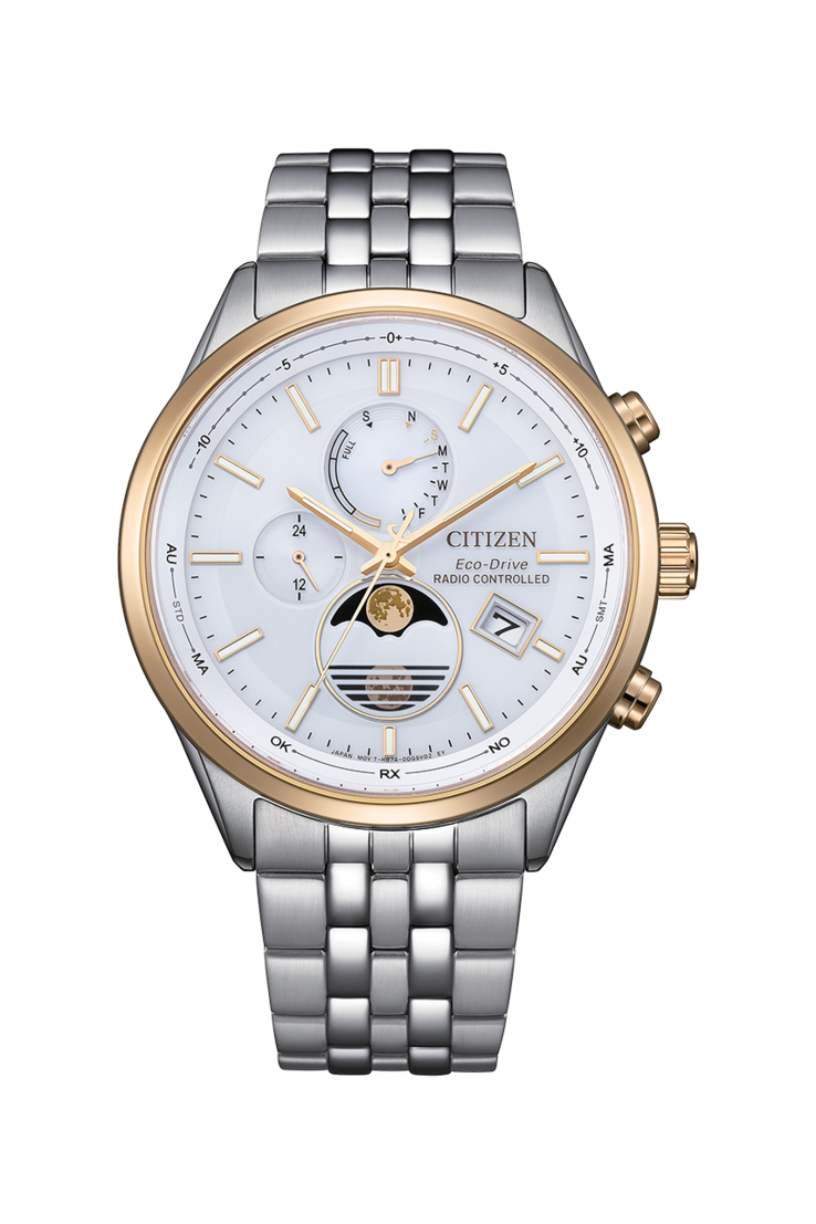Citizen BY1034-59A Eco-Drive holdfázis-óra, fehér számlappal és kétszínű rozsdamentes acél karkötővel.