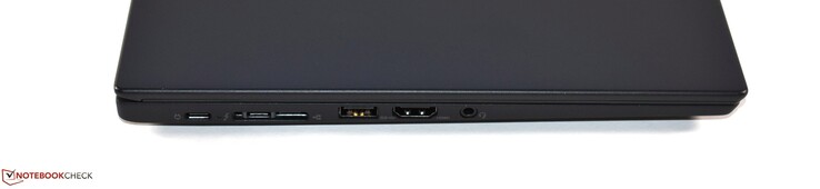 Left: USB 3.1 Gen 1 Type-C, Thunderbolt 3, miniEthernet, USB 3.0 Type-A, HDMI, combo audio