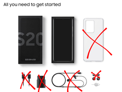 A Samsung Galaxy kiskereskedelmi csomag tartalma: telefon, doboz és tok, a töltő, a kábel és a fülhallgató áthúzva