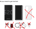 A Samsung Galaxy kiskereskedelmi csomag tartalma: telefon, doboz és tok, a töltő, a kábel és a fülhallgató áthúzva